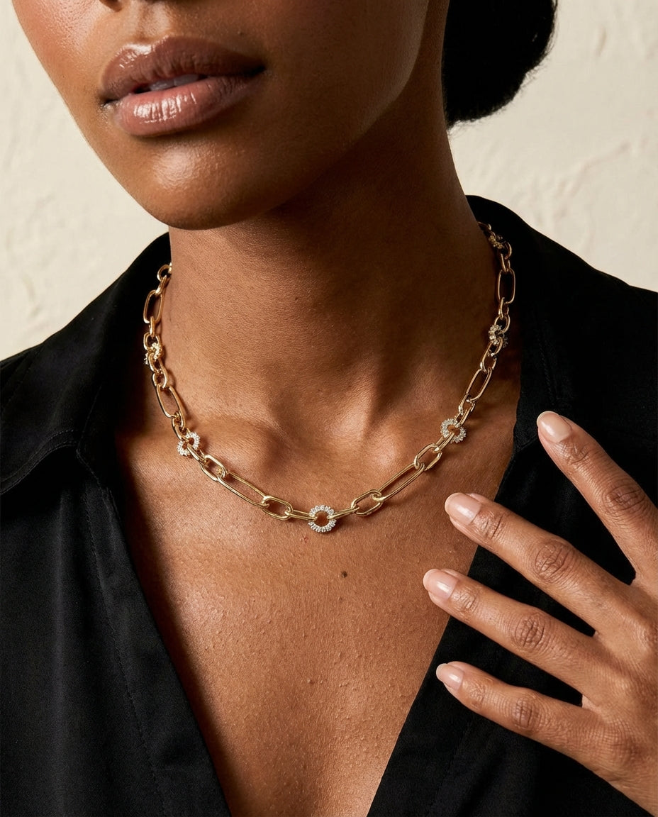 Gold Paperclip Chain Necklace with Sparkling CZ Accents