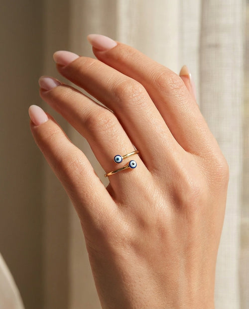 Dainty Gold Double Evil Eye Open Ring - Adjustable Amulet