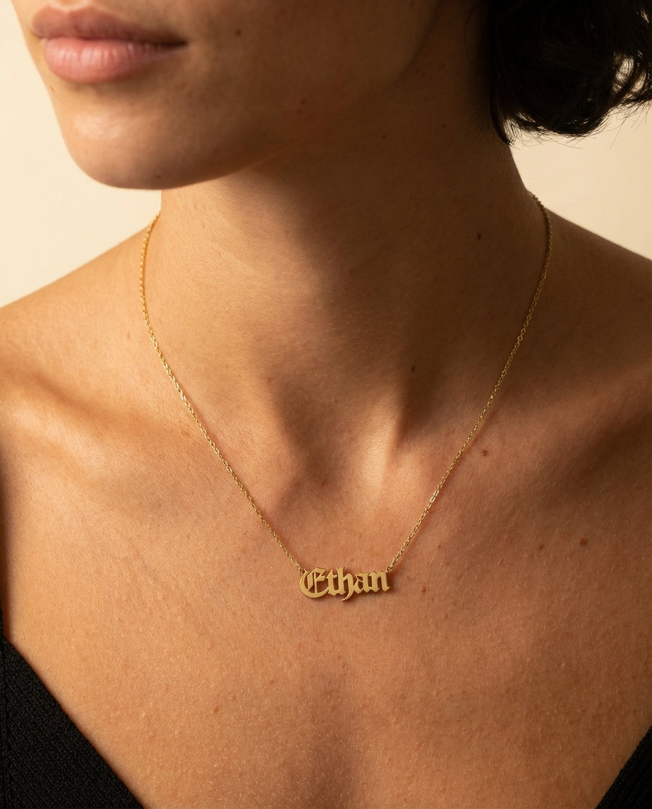 Personalized Name Necklace, Gothic Gold Name Necklace