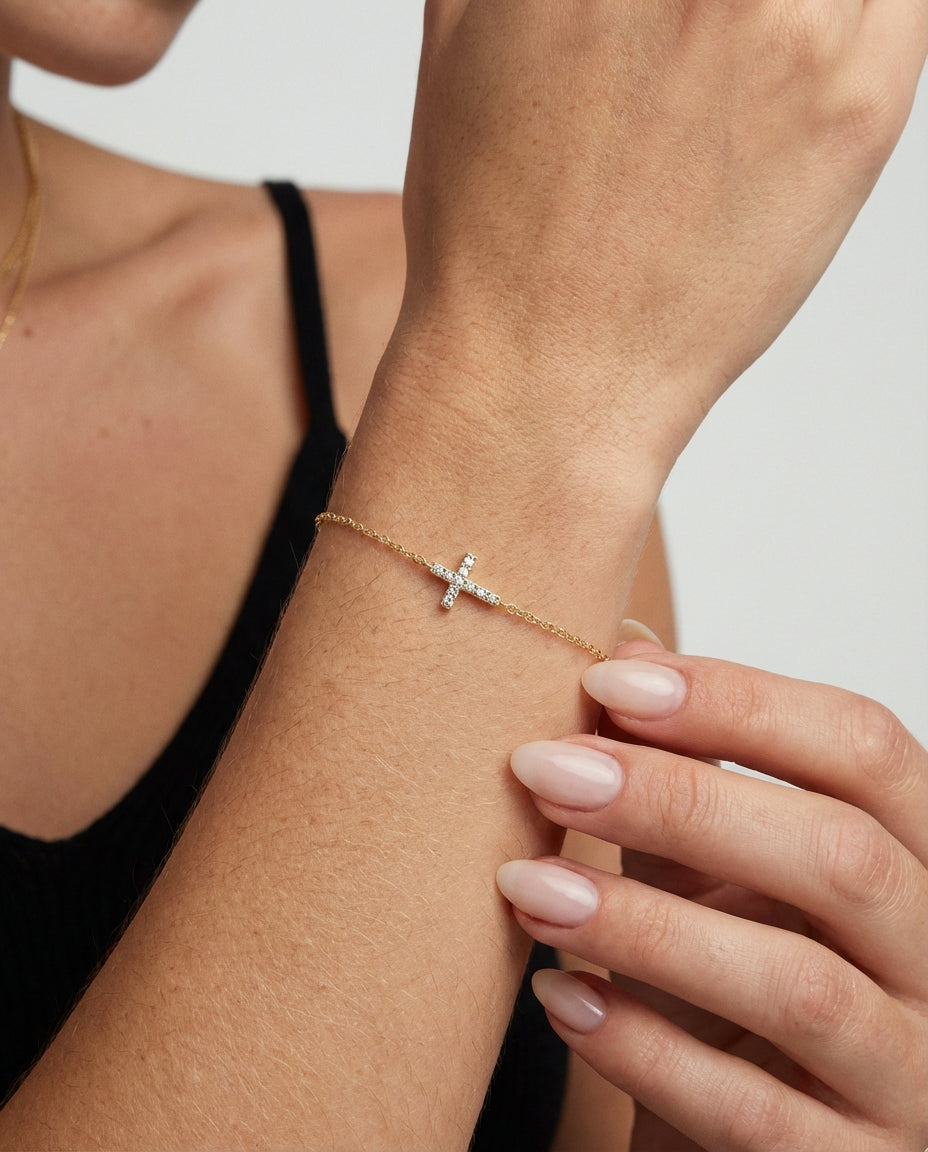 Dainty Sideways Cross Bracelet in Gold - Faith Jewelry