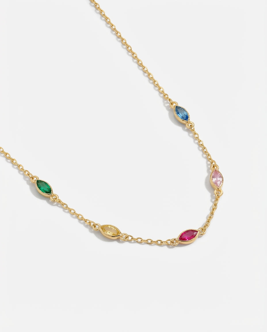 Minimalist Birthstone Necklace , Dainty Gold Chain with Colorful Gems - 925k Sterling Silver