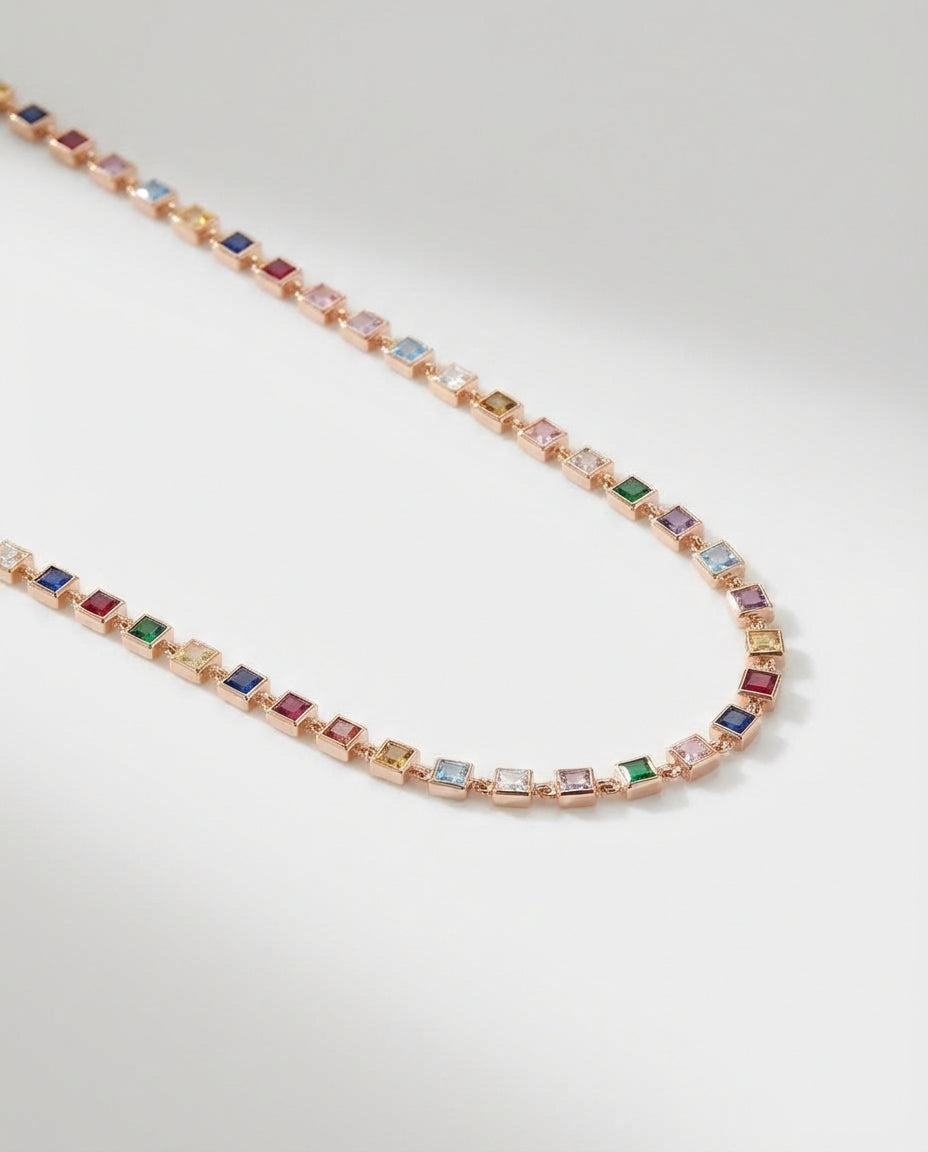 Vivid Rainbow Gemstone Gold Tennis Necklace
