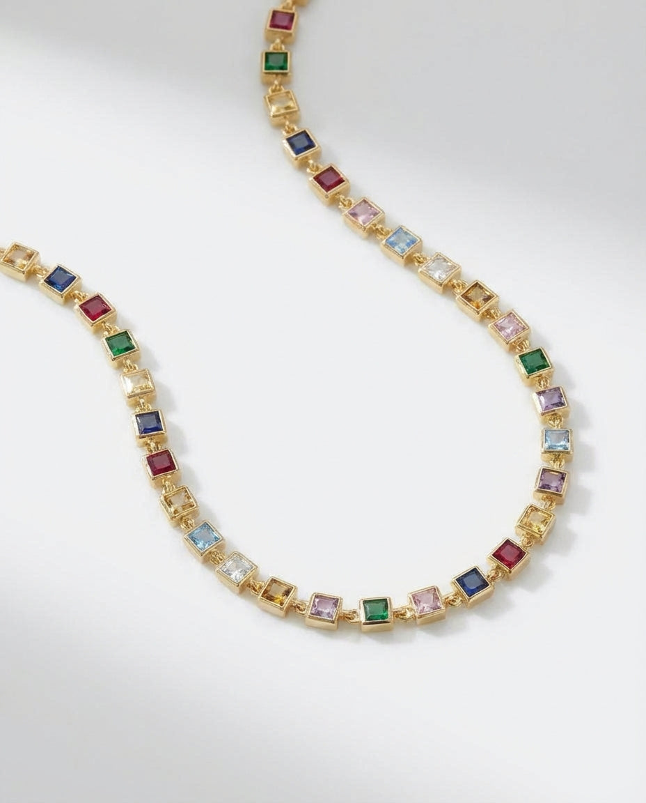 Vivid Rainbow Gemstone Gold Tennis Necklace