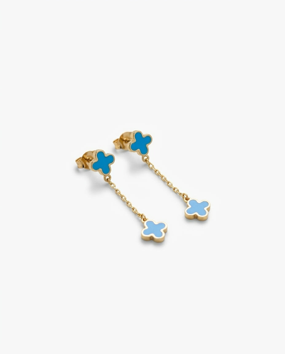 Blue Clover Gold Dangle Earrings - Enamel Drop Studs