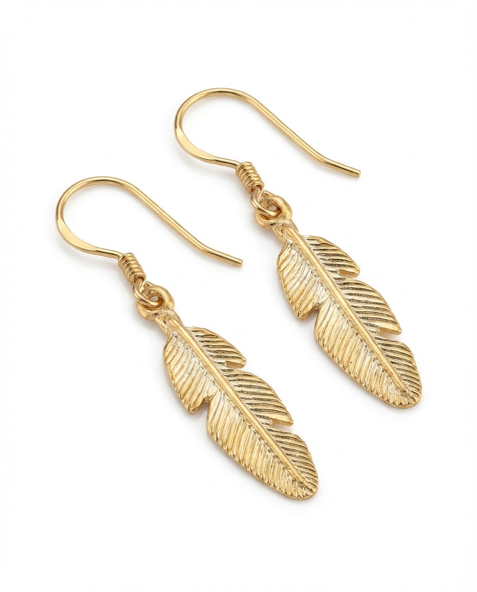 Gold Feather Earrings, Dainty Feather Pendant - 925k Sterling Silver