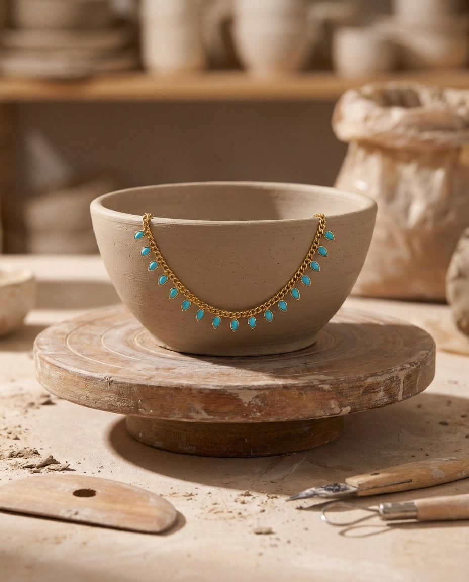 Dainty Gold Necklace with Turquoise Teardrops