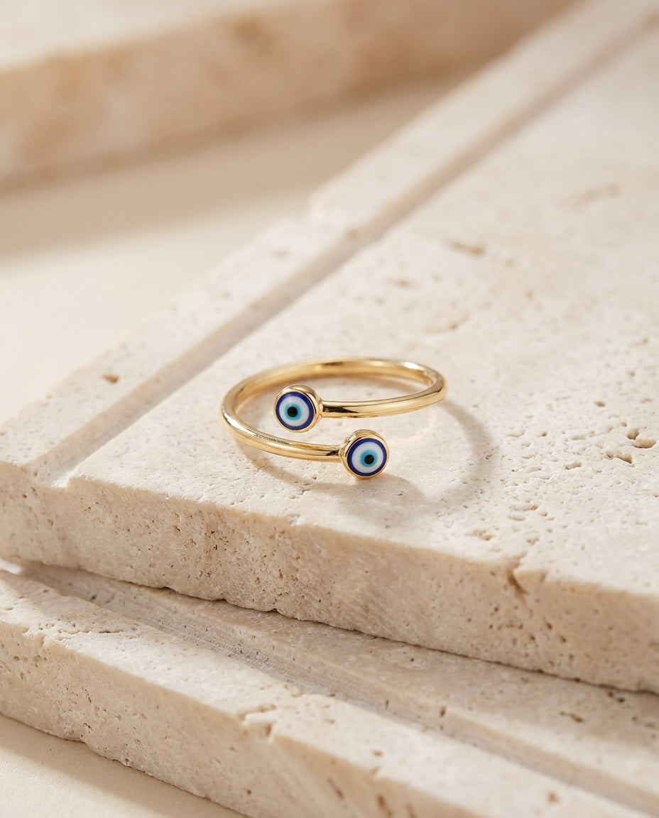 Dainty Gold Double Evil Eye Open Ring - Adjustable Amulet