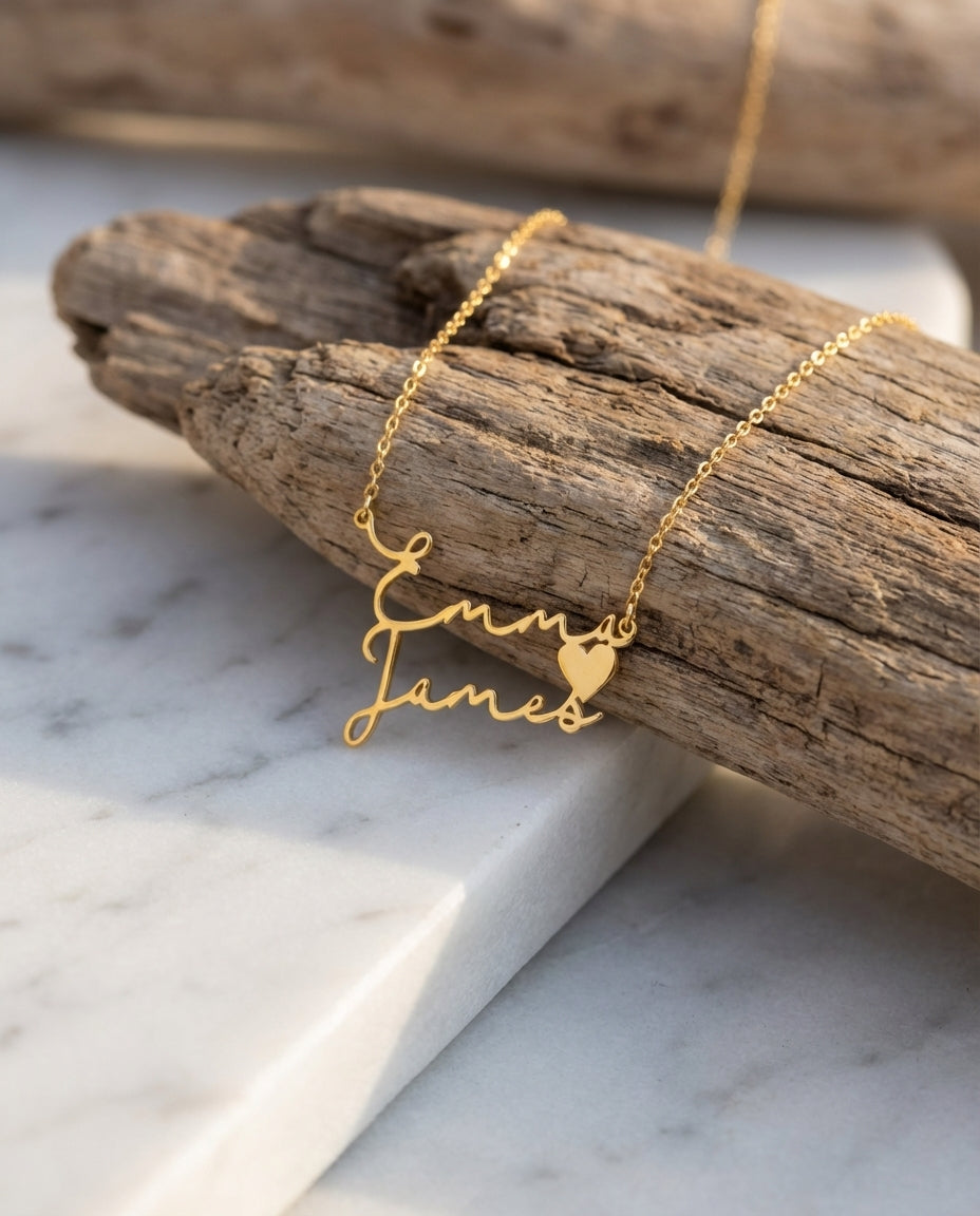 Personalized Double Name Necklace with Heart - Custom Gold Jewelry