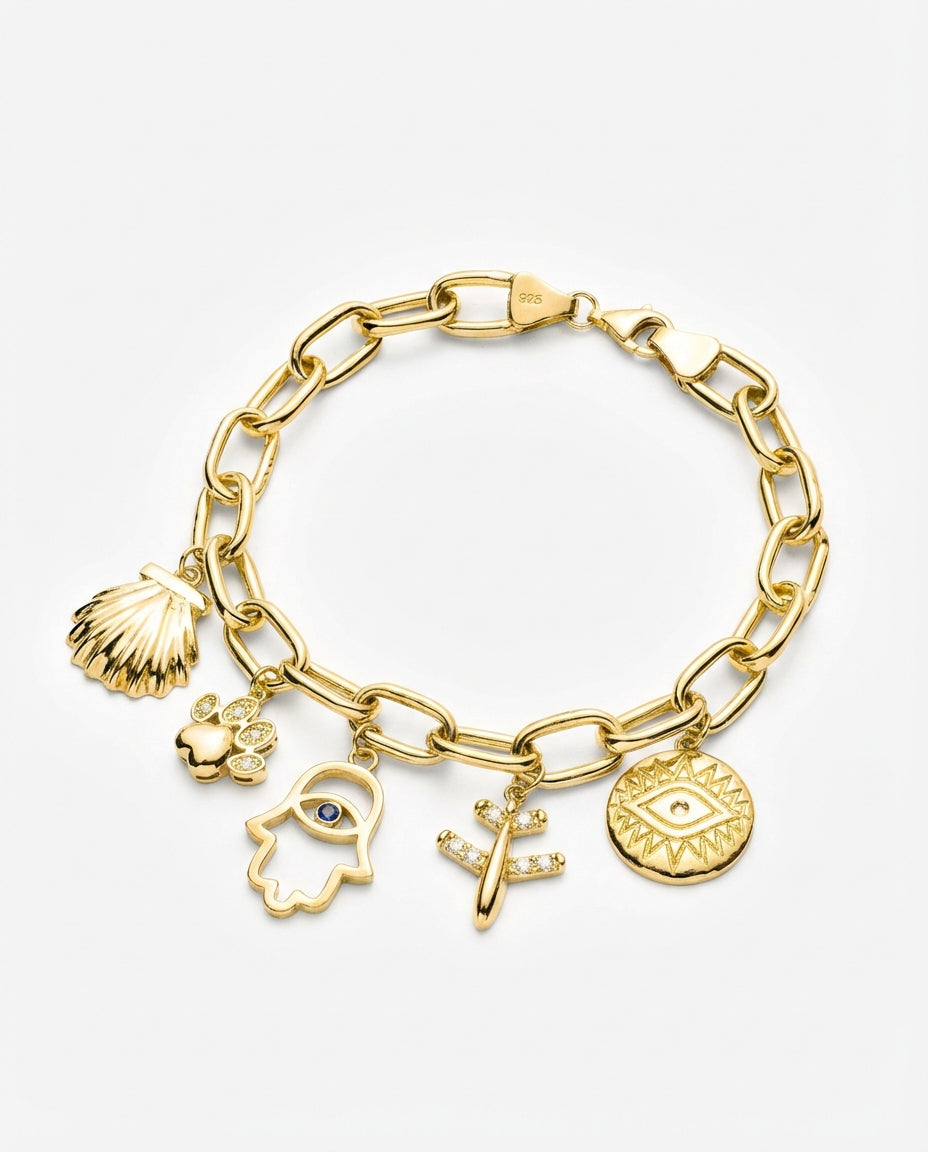 Gold Charm Bracelet with Evil Eye, Paw & Shell Bracelet - Charm Bracelet