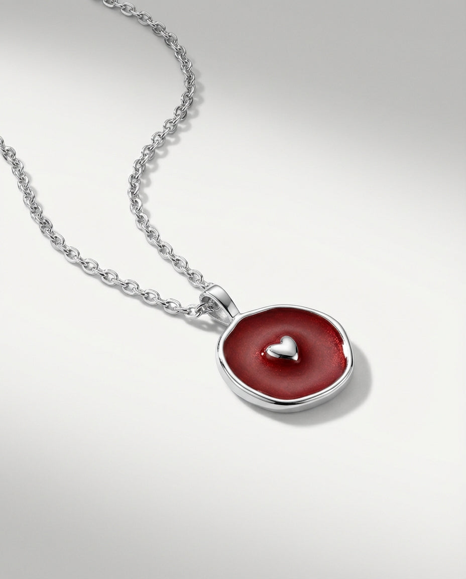 925k Red Enamel Heart Pendant Necklace - Enamel Jewelry
