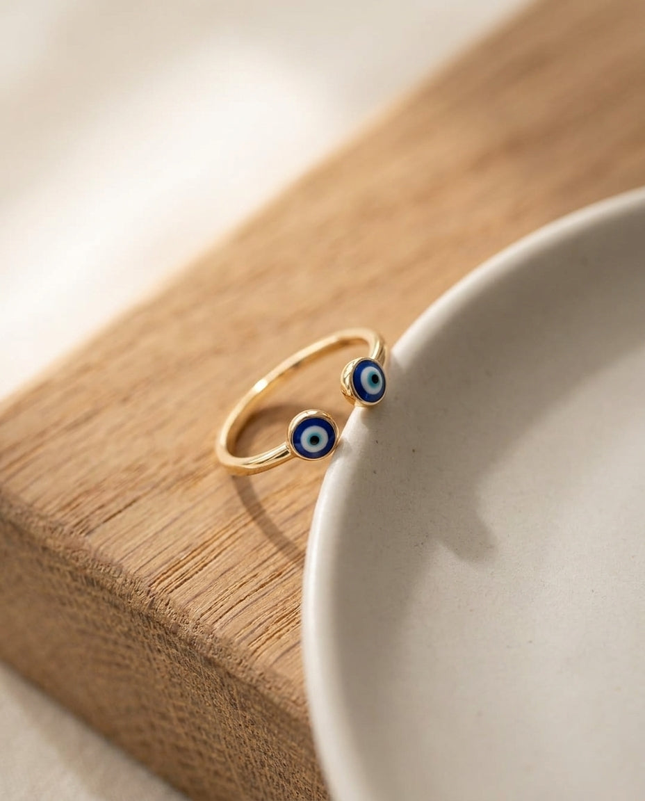 Gold Double Evil Eye Open Cuff Ring