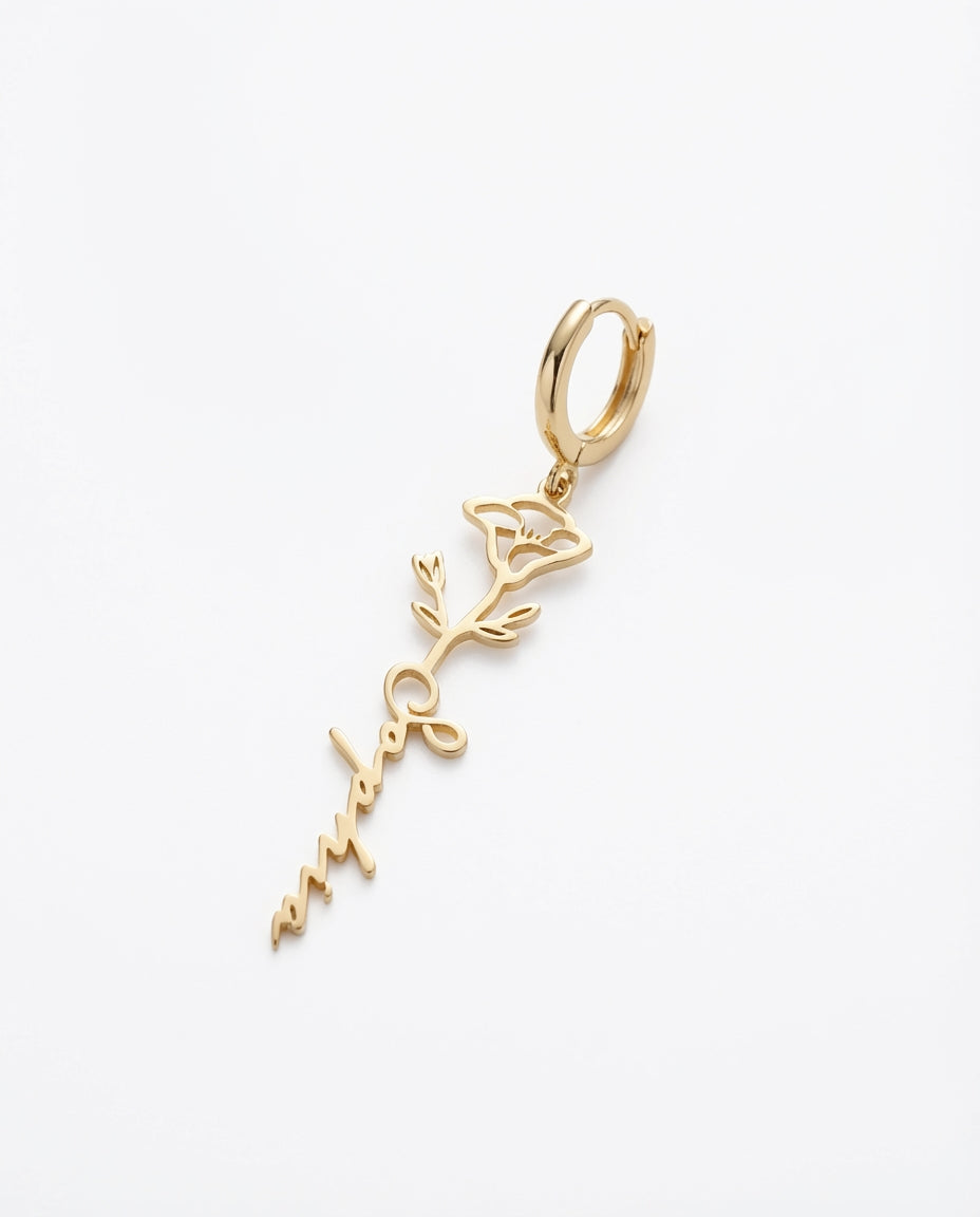 Custom Name Rose Earrings, Personalized Gold Flower Dangle Earrings