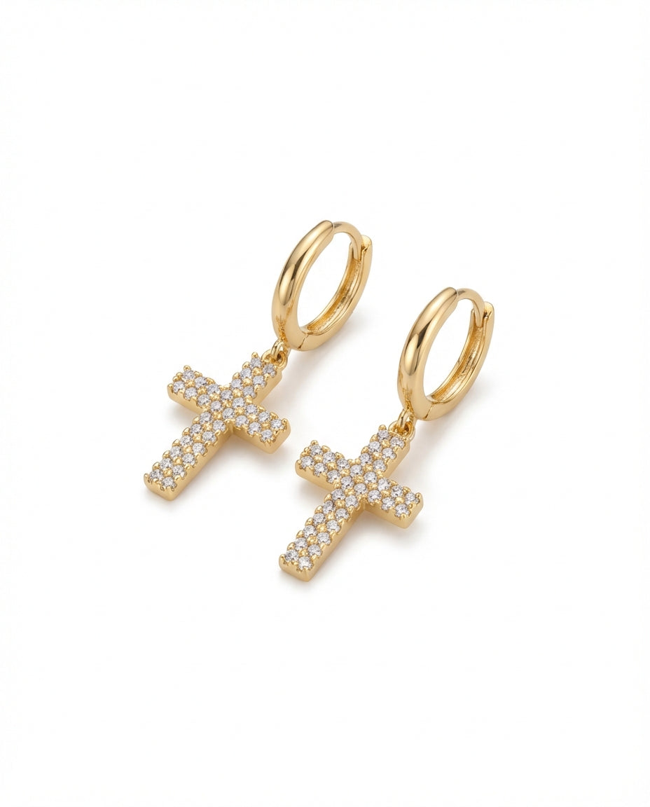 Gold Cross Hoop Earrings, Religious Jewelry