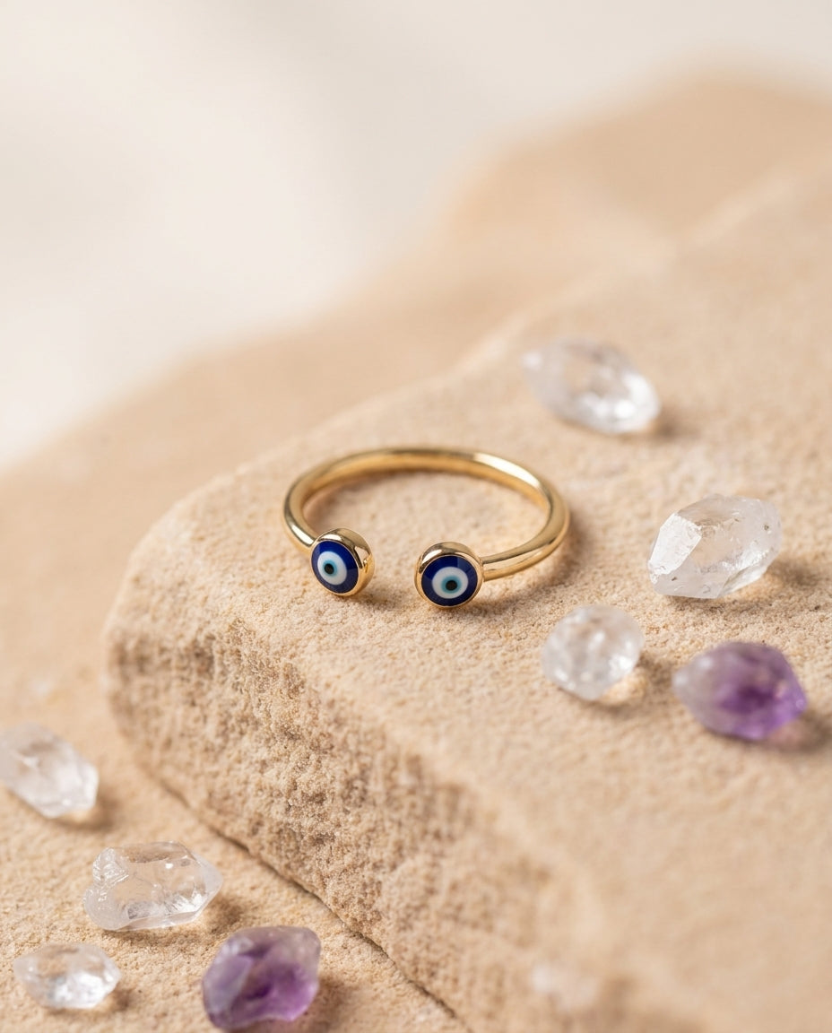Gold Double Evil Eye Open Cuff Ring