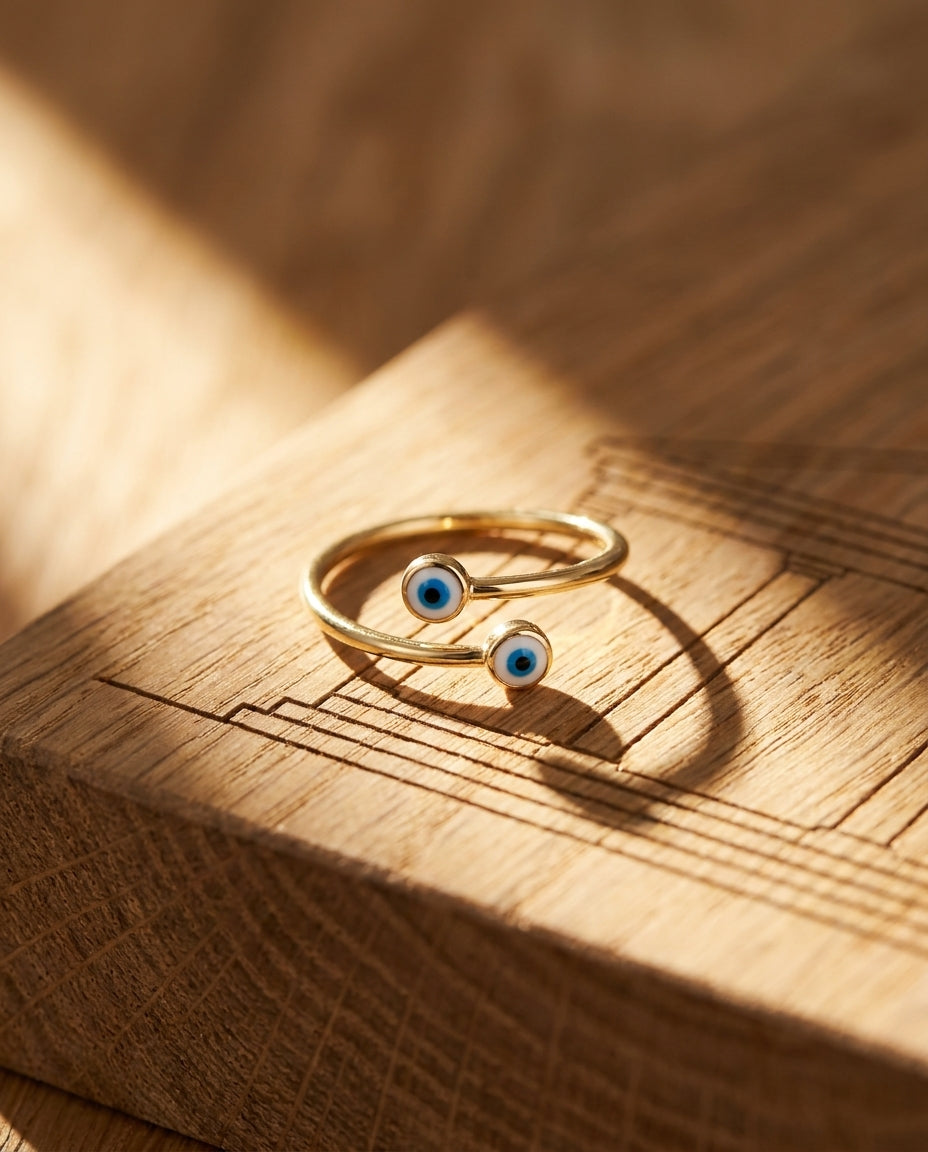 Dainty Gold Double Evil Eye Open Ring - Adjustable Amulet