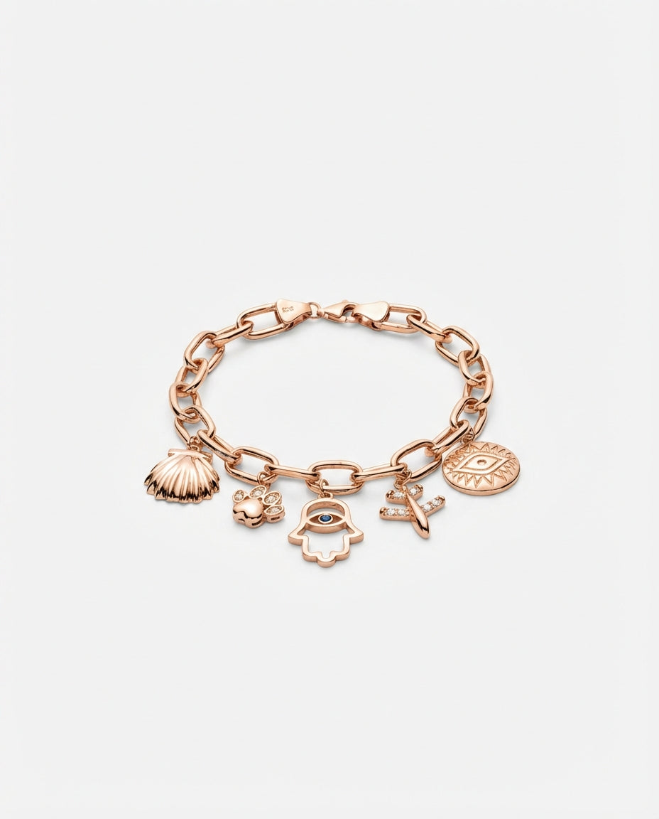 Gold Charm Bracelet with Evil Eye, Paw & Shell Bracelet - Charm Bracelet