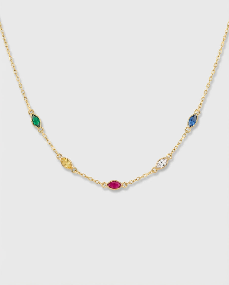 Minimalist Birthstone Necklace , Dainty Gold Chain with Colorful Gems - 925k Sterling Silver