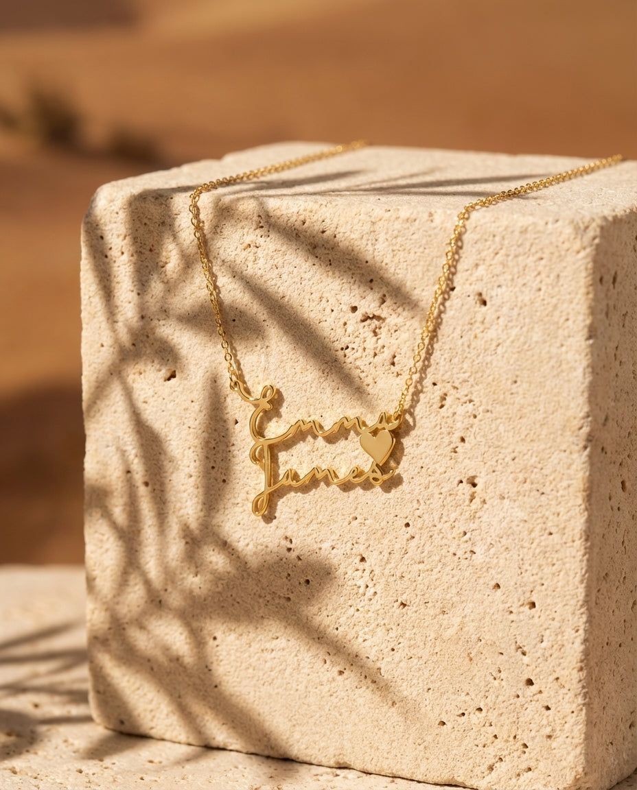 Personalized Double Name Necklace with Heart - Custom Gold Jewelry