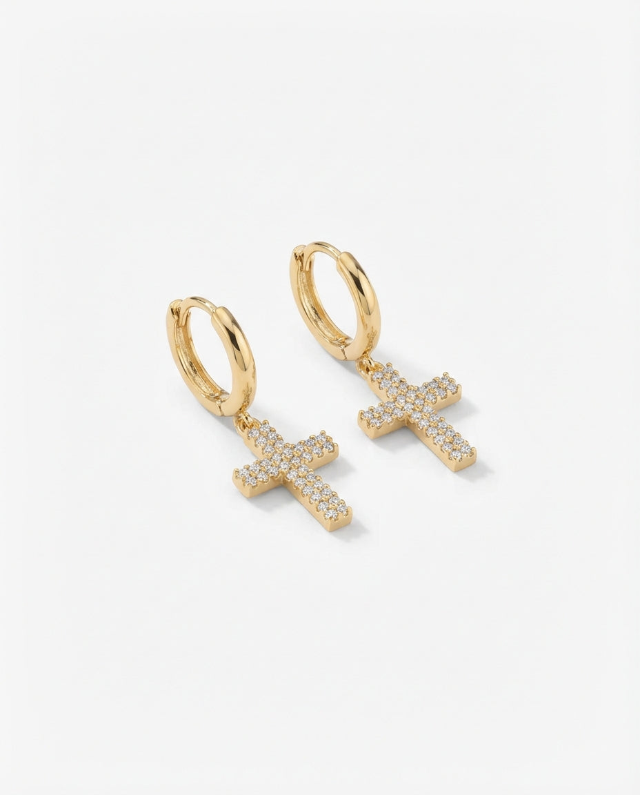 Gold Cross Hoop Earrings, Religious Jewelry