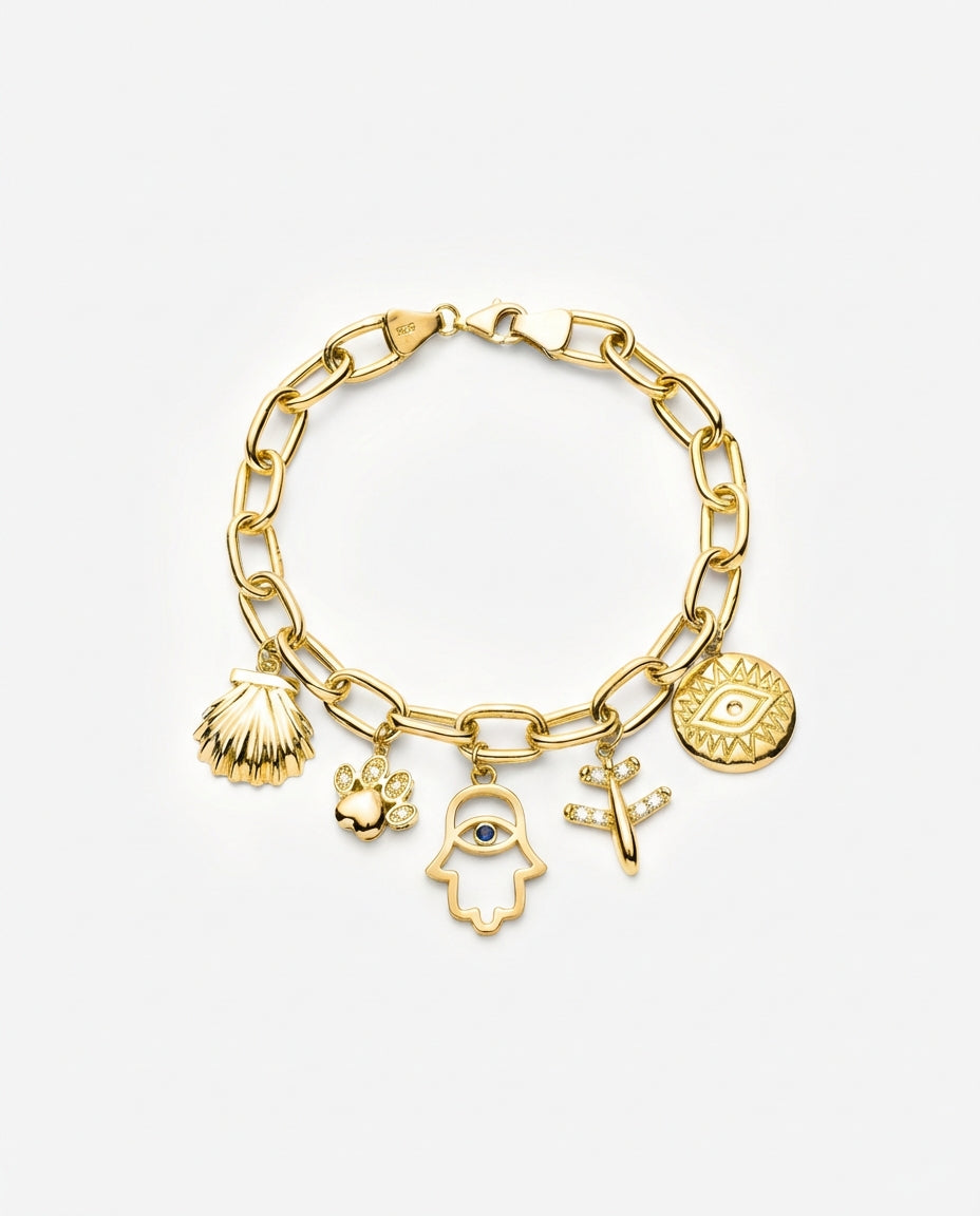 Gold Charm Bracelet with Evil Eye, Paw & Shell Bracelet - Charm Bracelet