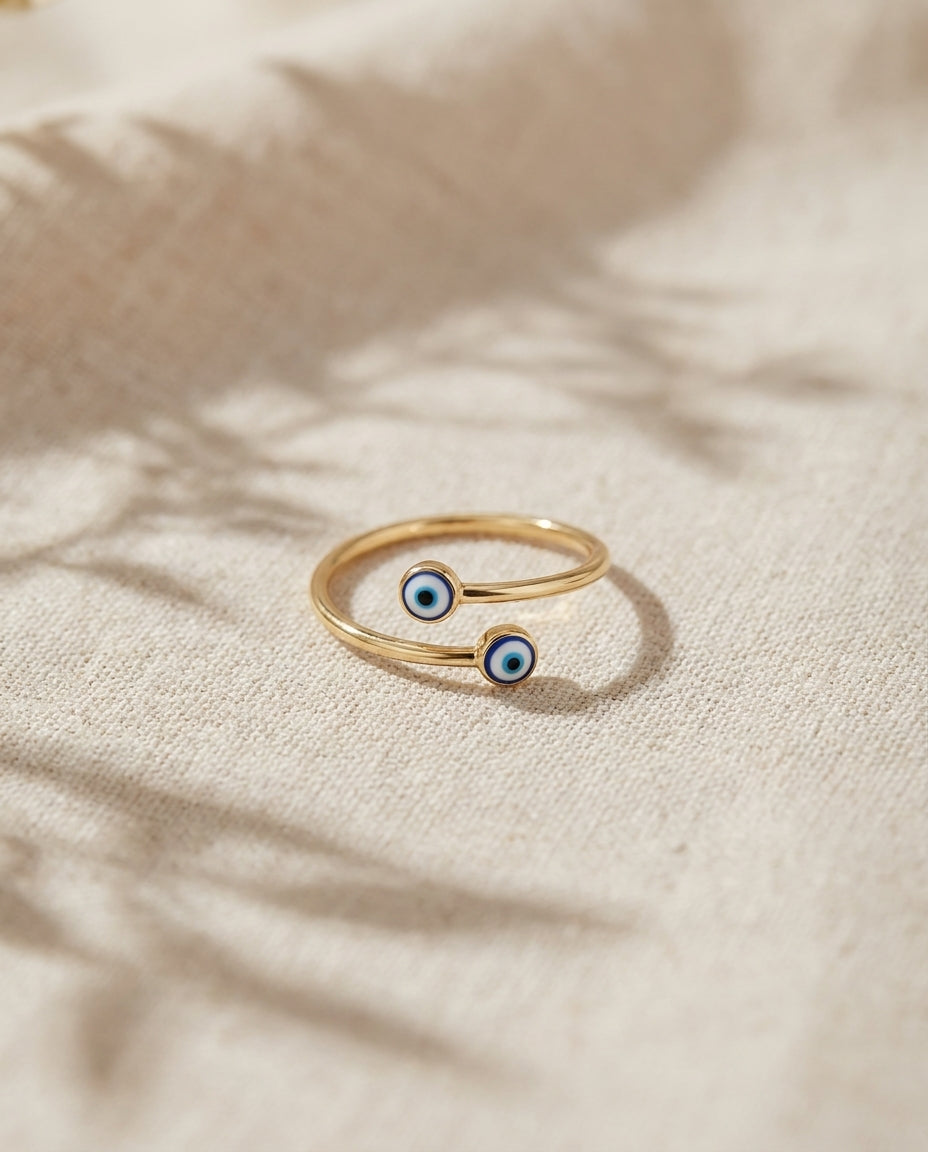 Dainty Gold Double Evil Eye Open Ring - Adjustable Amulet