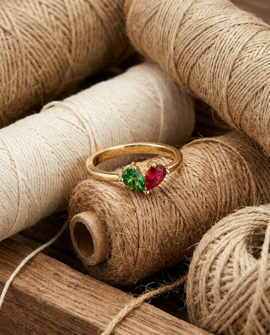 Romantic Toi et Moi Ring with Dual Pear Birthstone