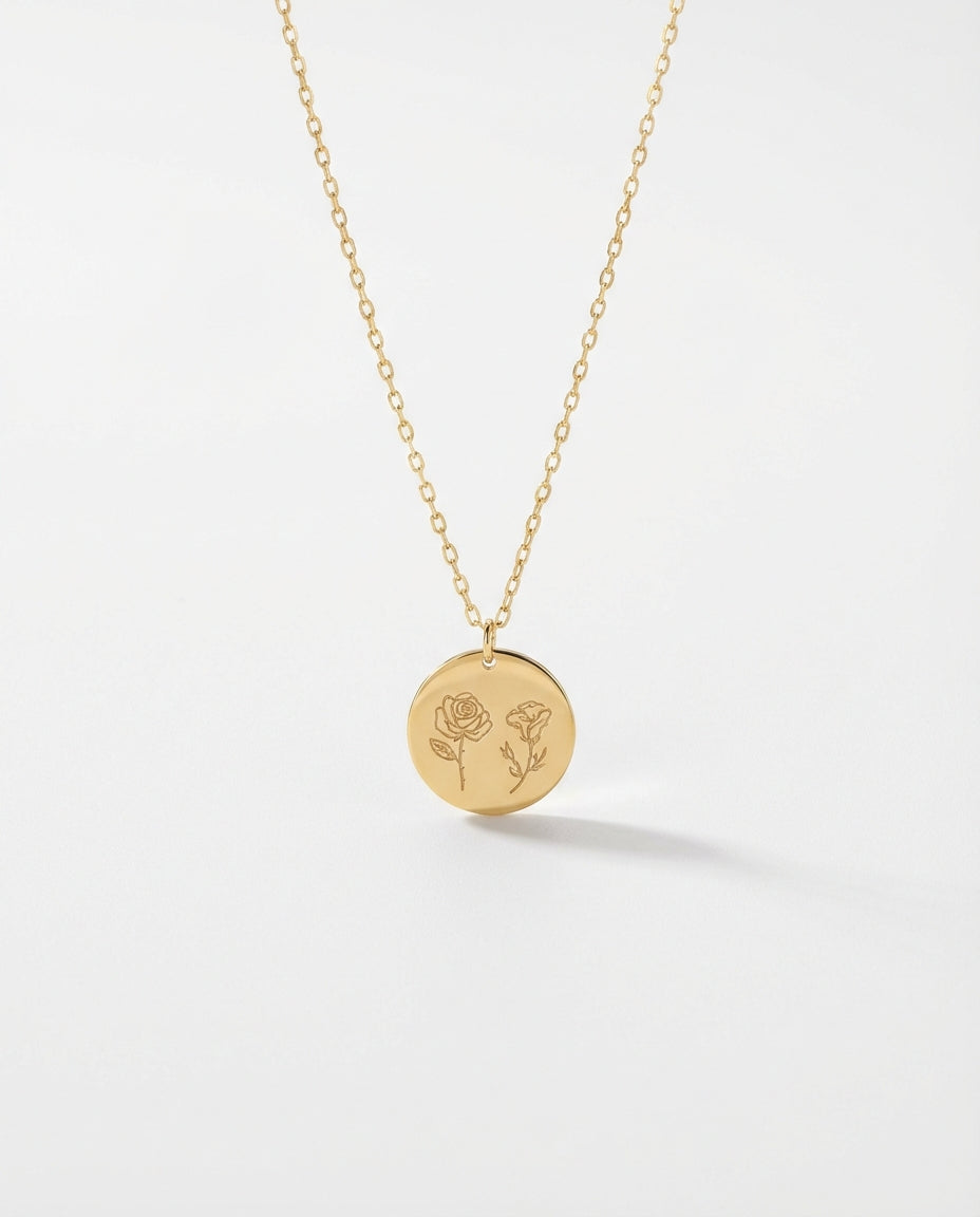 Birth Flower Necklace - Engraved Flower Pendant Jewelry - Meaningful Gift for Her - 925k Sterling Silver