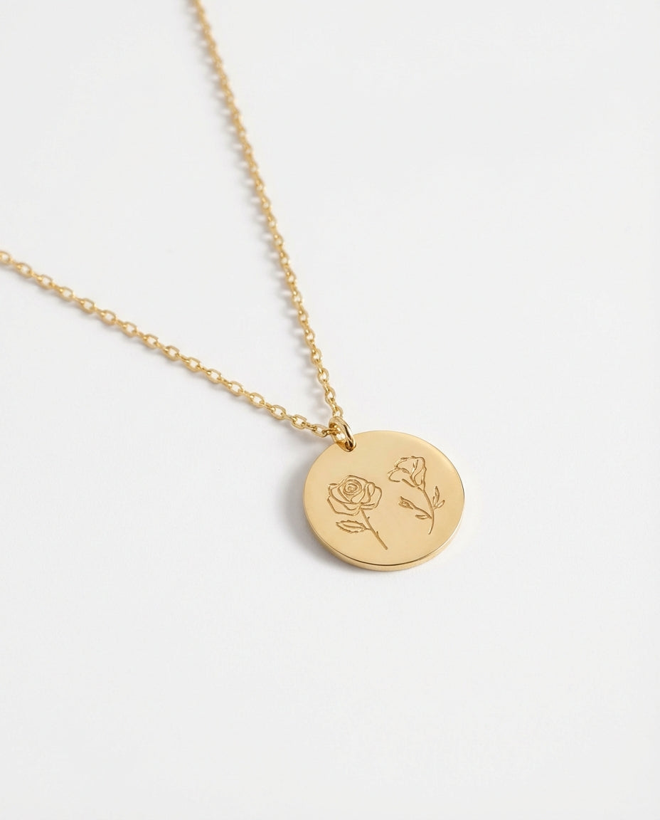 Birth Flower Necklace - Engraved Flower Pendant Jewelry - Meaningful Gift for Her - 925k Sterling Silver