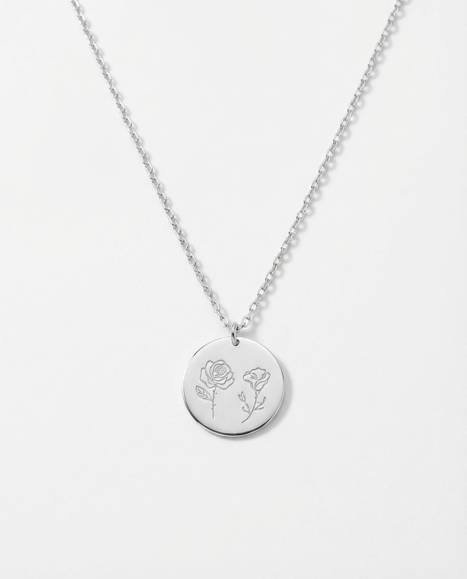 Birth Flower Necklace - Engraved Flower Pendant Jewelry - Meaningful Gift for Her - 925k Sterling Silver