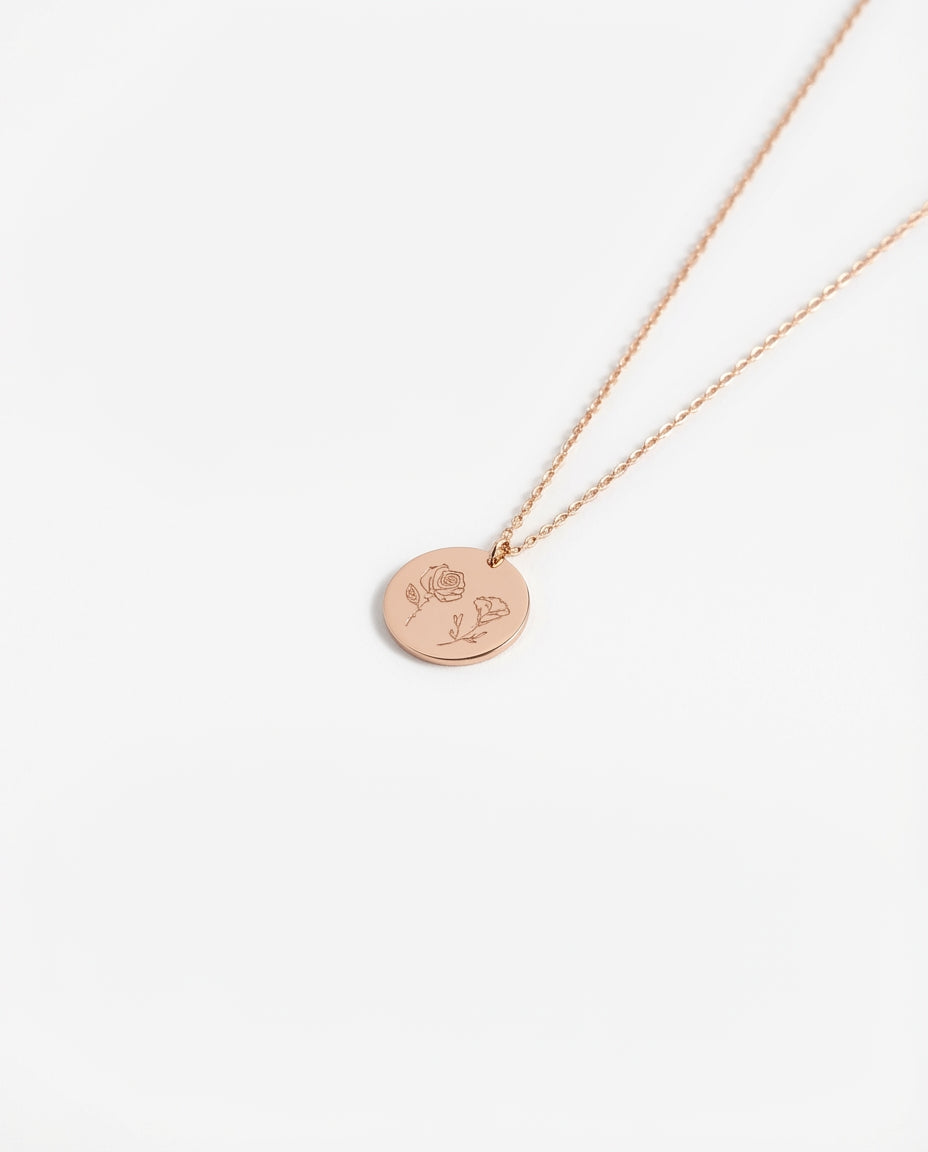 Birth Flower Necklace - Engraved Flower Pendant Jewelry - Meaningful Gift for Her - 925k Sterling Silver