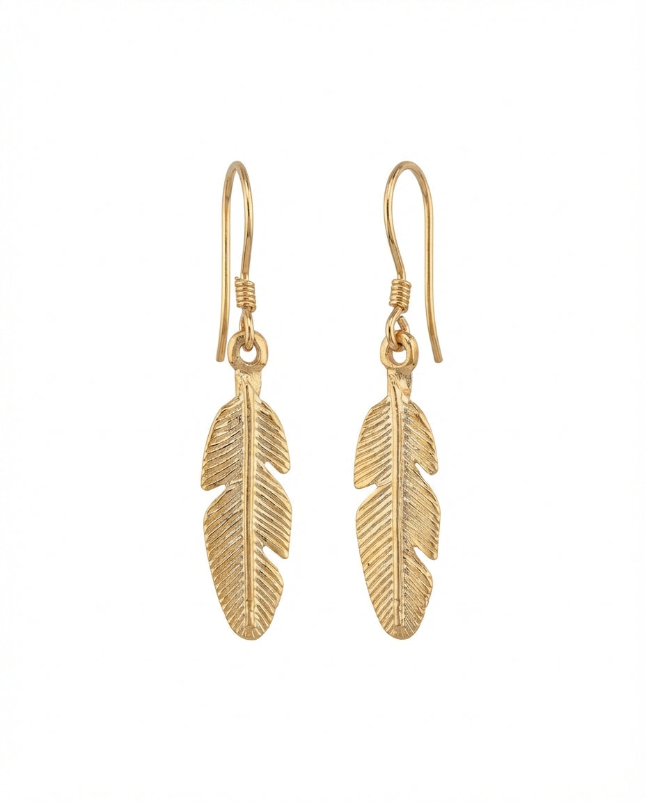 Gold Feather Earrings, Dainty Feather Pendant - 925k Sterling Silver