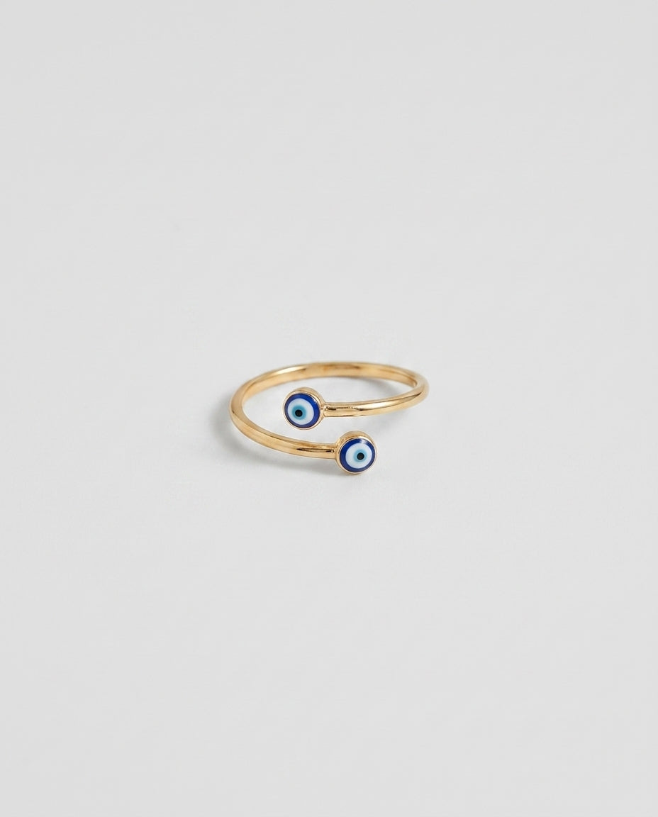 Dainty Gold Double Evil Eye Open Ring - Adjustable Amulet