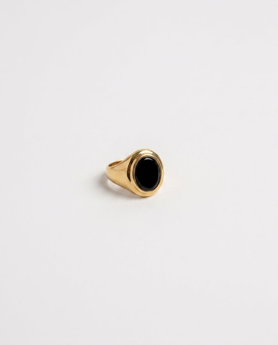 Women and Men Gold Signet Ring with Black Onyx