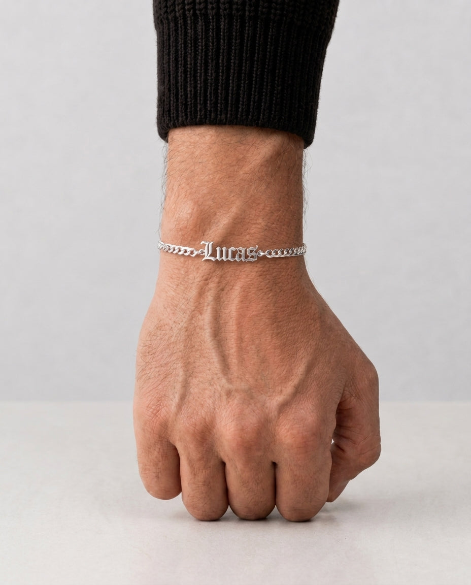 Men's Custom Gothic Name Bracelet - Silver Curb Chain