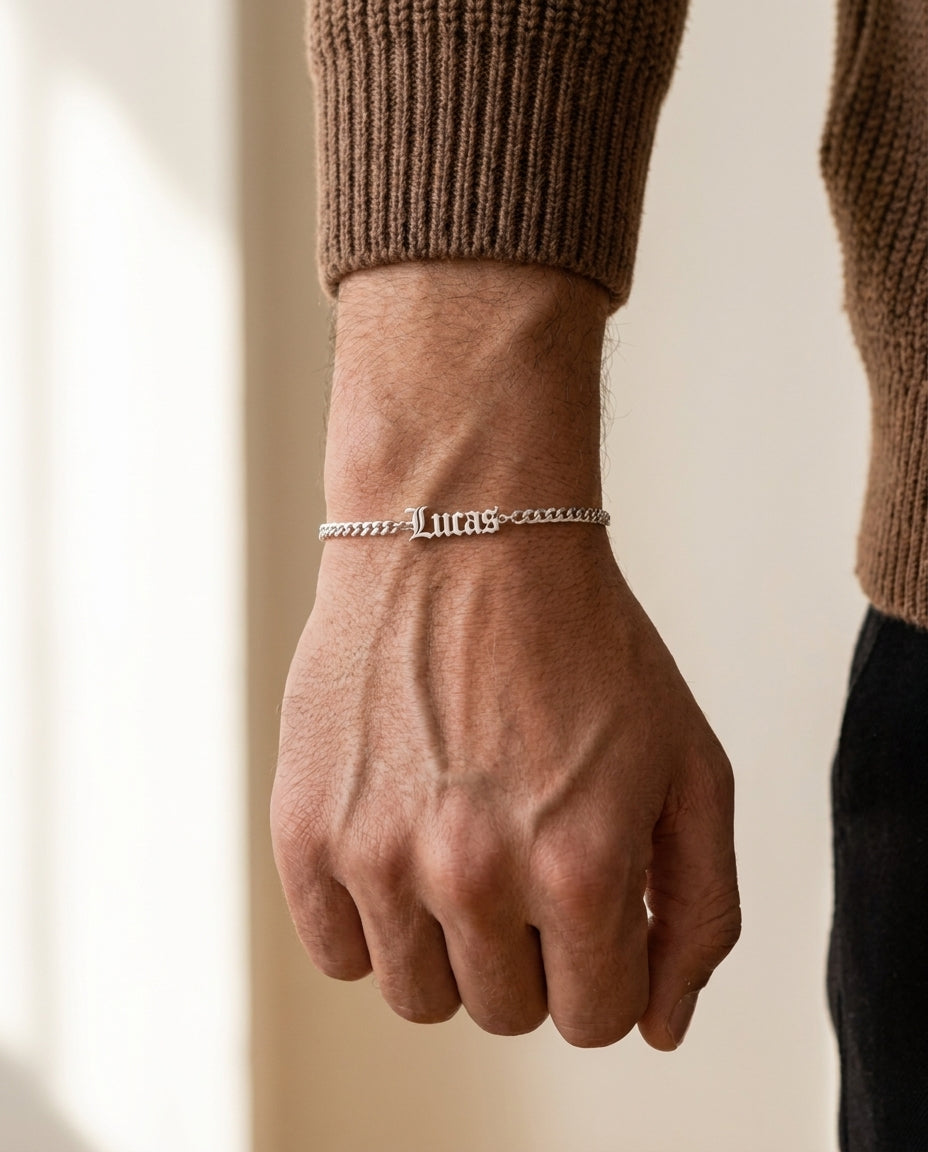 Men's Custom Gothic Name Bracelet - Silver Curb Chain