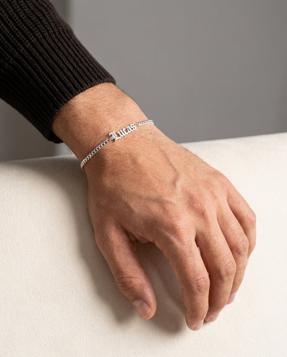 Men's Custom Gothic Name Bracelet - Silver Curb Chain