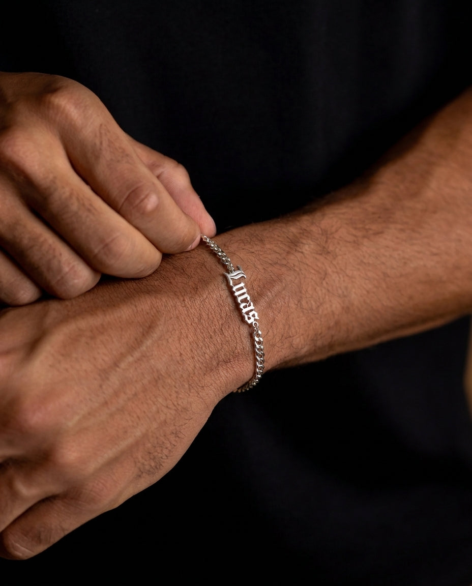 Men's Custom Gothic Name Bracelet - Silver Curb Chain