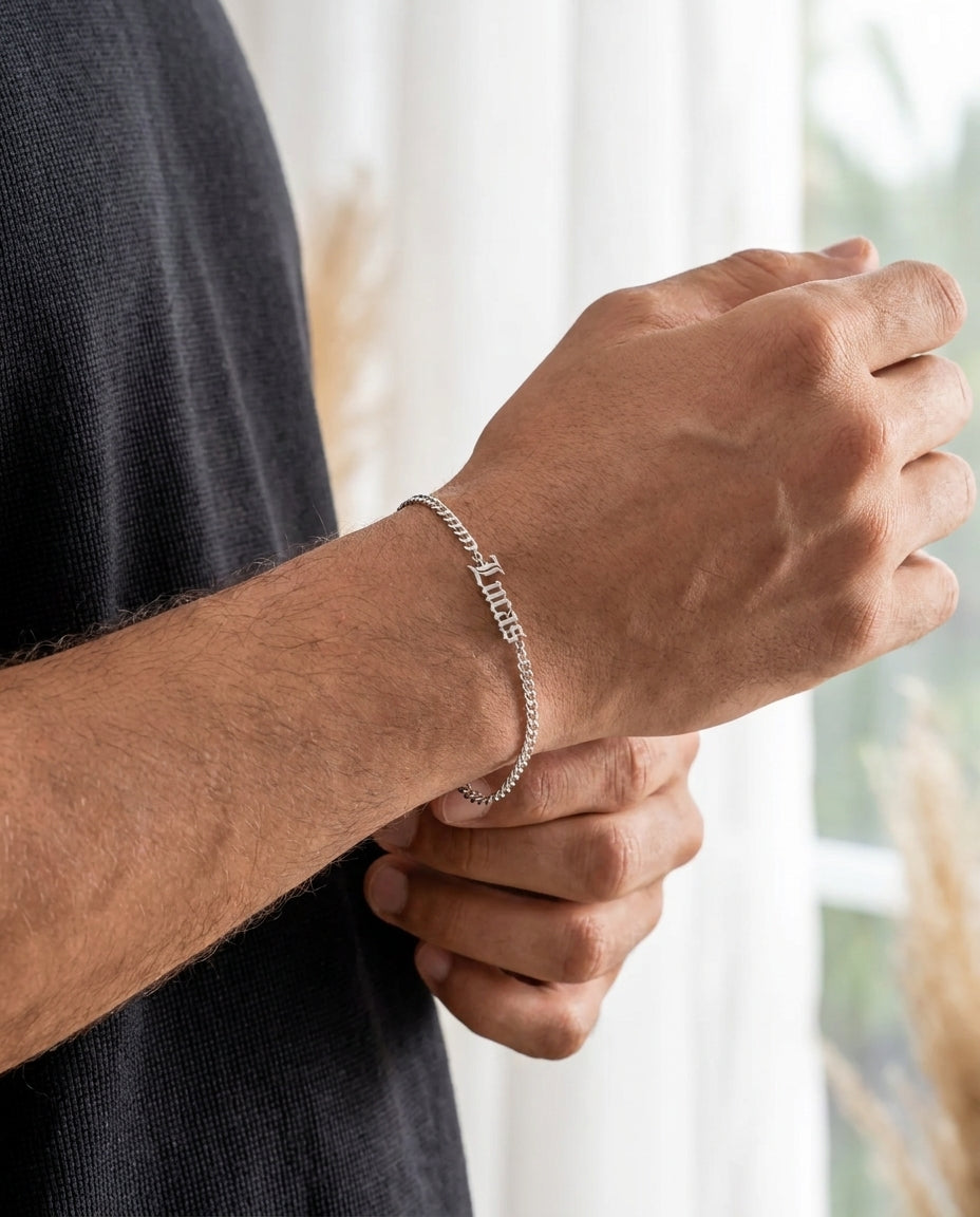 Men's Custom Gothic Name Bracelet - Silver Curb Chain