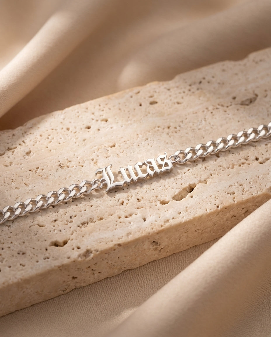 Men's Custom Gothic Name Bracelet - Silver Curb Chain