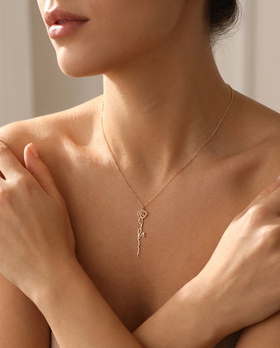 Personalized Birth Flower Name Necklace