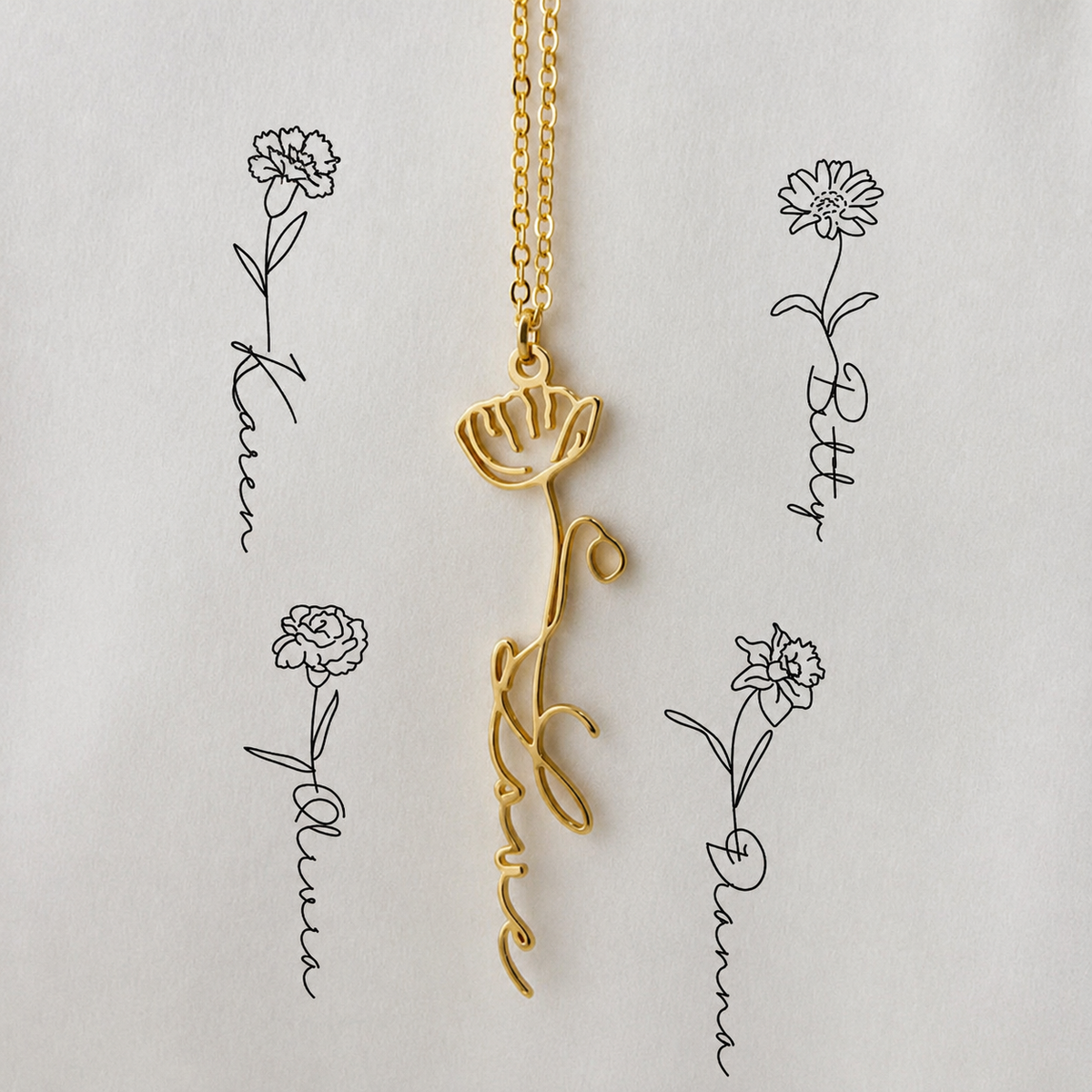 Personalized Birth Flower Name Necklace