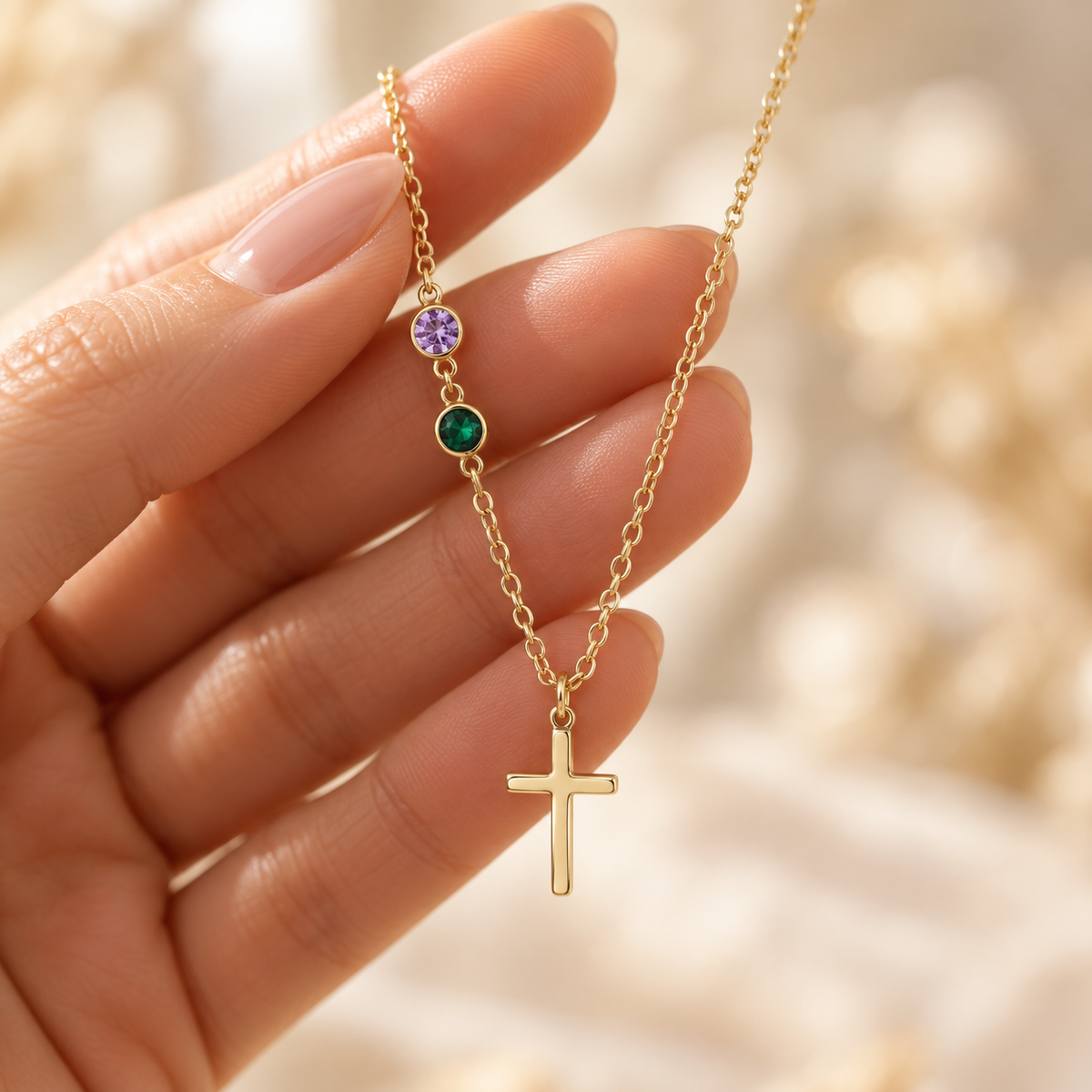 Personalized Dainty Cross Necklace with Birthstones
