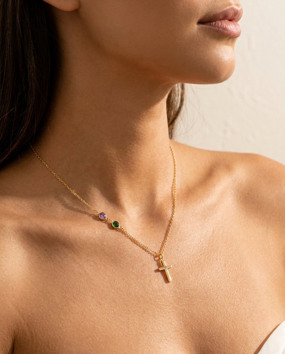 Personalized Dainty Cross Necklace with Birthstones