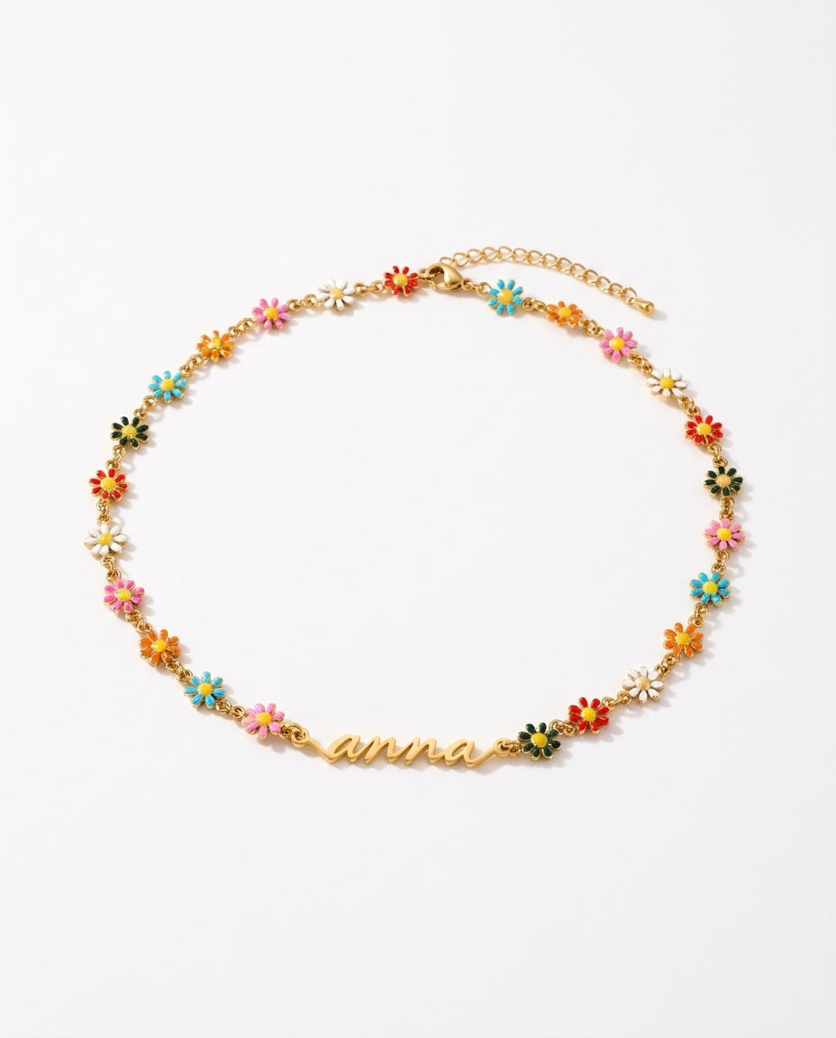 Personalized Daisy Flower Name Necklace - Colorful Gold Choker
