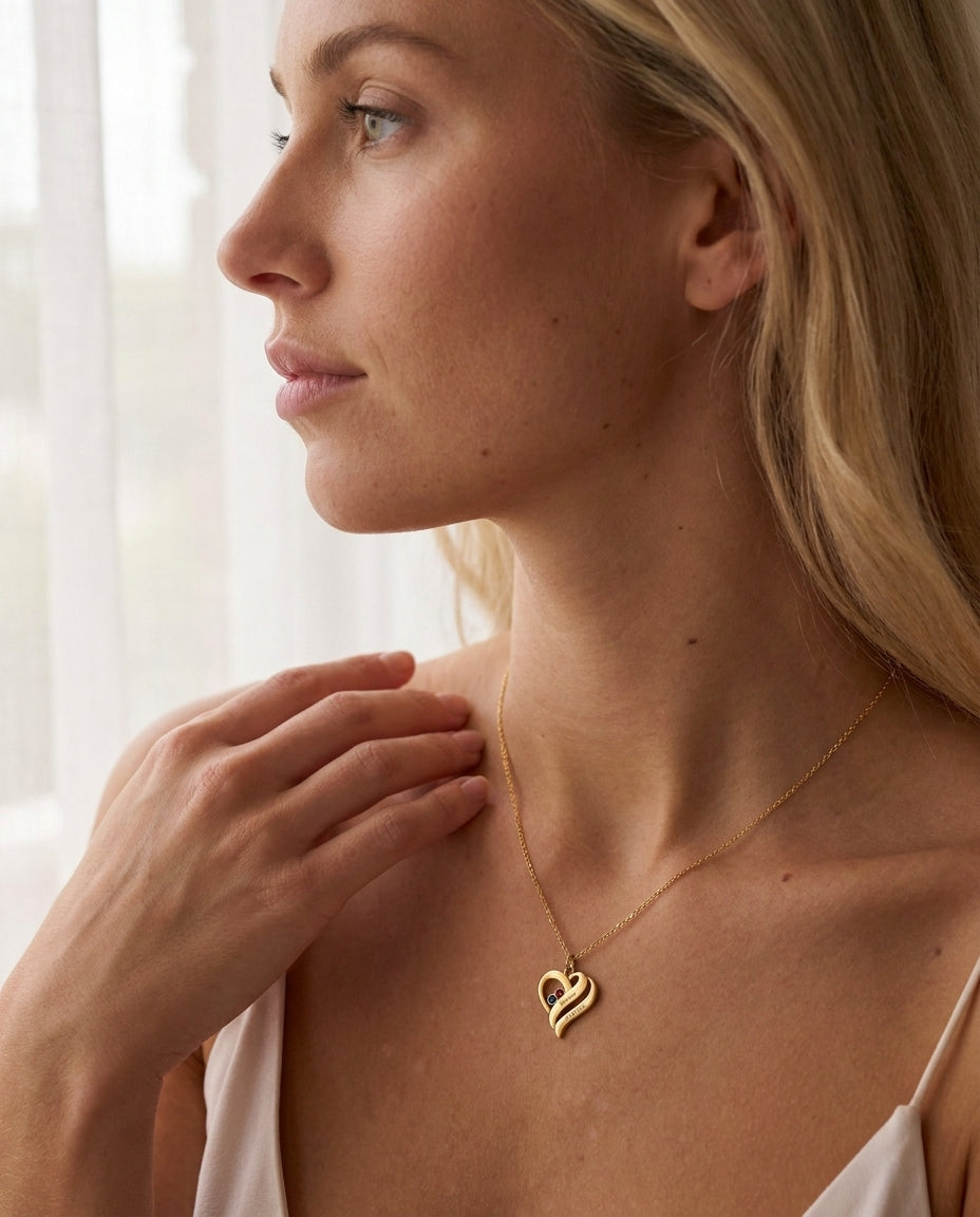Personalized Engraved Heart Necklace with Birthstones in Gold