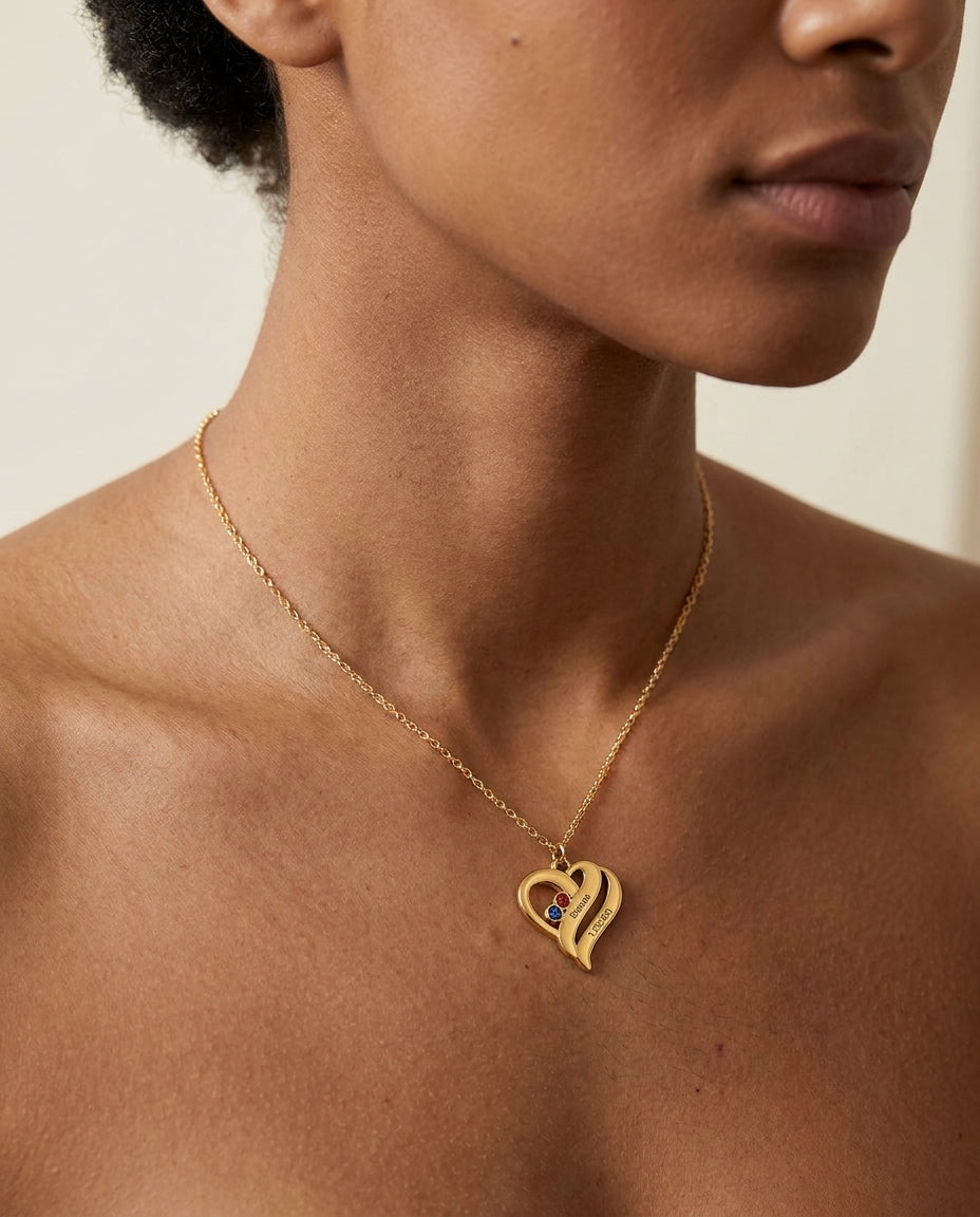 Personalized Engraved Heart Necklace with Birthstones in Gold