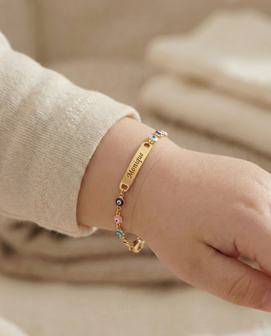 Personalized Evil Eye Bracelet with Custom Nameplate