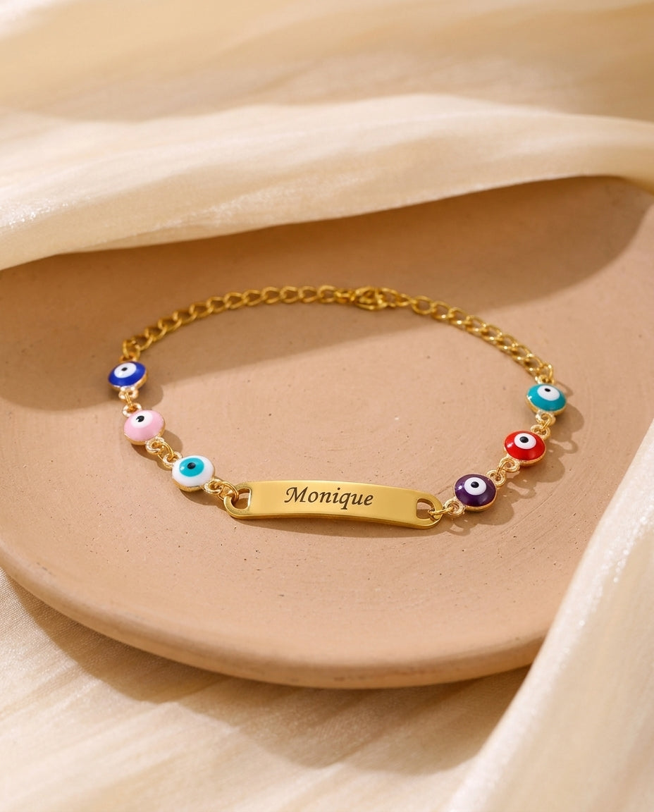 Personalized Evil Eye Bracelet with Custom Nameplate