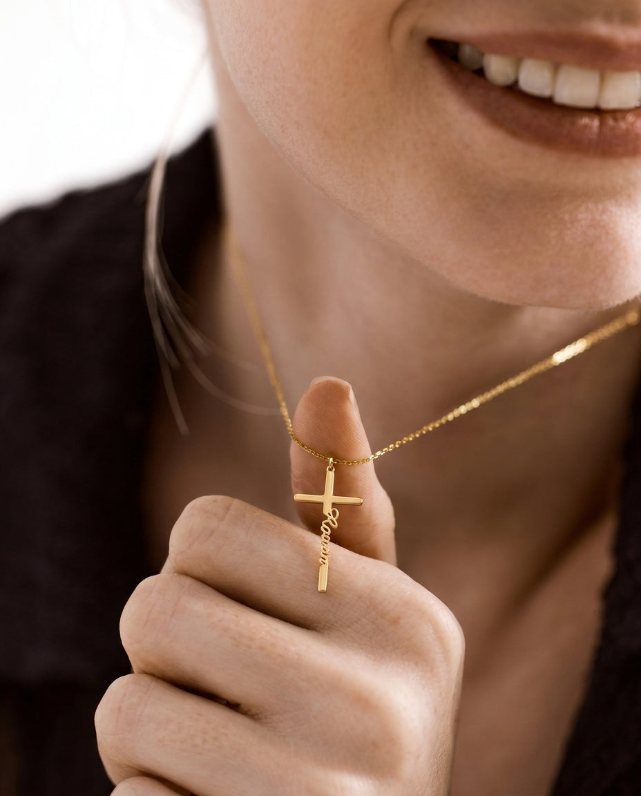 Personalized Gold Cross Necklace with Custom Name