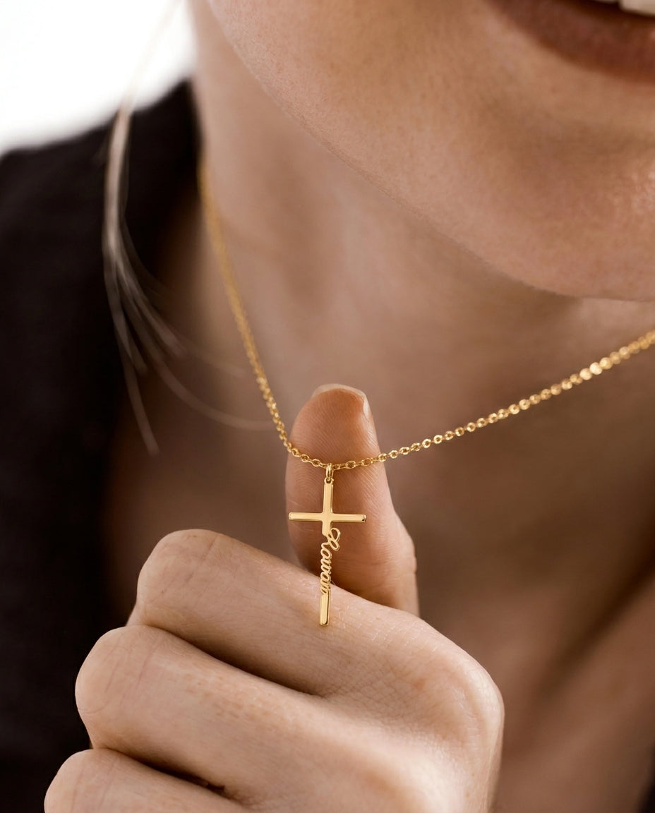 Personalized Gold Cross Necklace with Custom Name